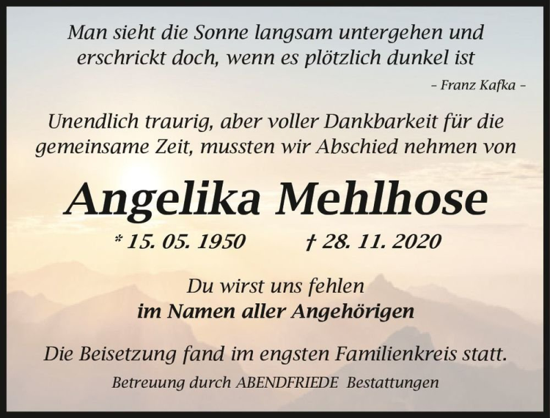  Traueranzeige für Angelika Mehlhose  vom 19.12.2020 aus Magdeburger Volksstimme