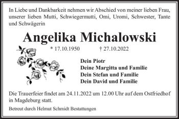Traueranzeige von Angelika Michalowski  von Magdeburger Volksstimme