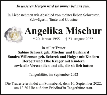 Traueranzeige von Angelika Mischur  von Magdeburger Volksstimme