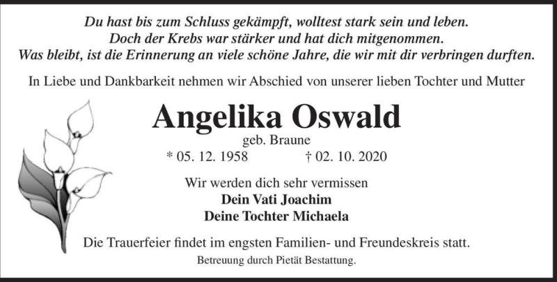  Traueranzeige für Angelika Oswald (geb. Braune)  vom 30.10.2020 aus Magdeburger Volksstimme