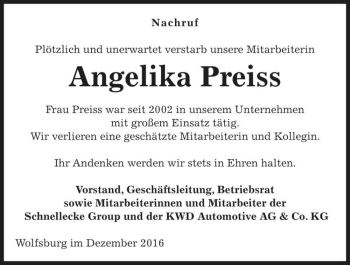 Traueranzeige von Angelika Preiss  von Magdeburger Volksstimme