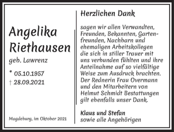 Traueranzeige von Angelika Riethausen (geb. Lawrenz)  von Magdeburger Volksstimme
