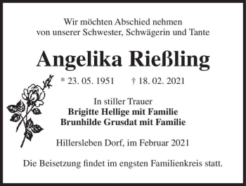 Traueranzeige von Angelika Rießling  von Magdeburger Volksstimme