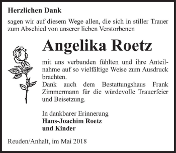 Traueranzeige von Angelika Roetz  von Magdeburger Volksstimme