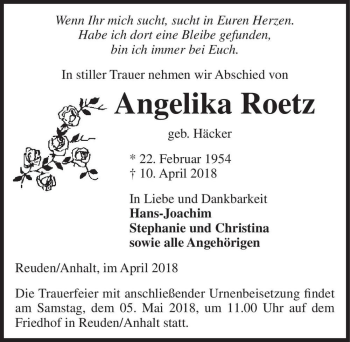 Traueranzeige von Angelika Roetz (geb. Häcker)  von Magdeburger Volksstimme