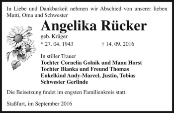 Traueranzeige von Angelika Rücker (geb. Krüger)  von Magdeburger Volksstimme
