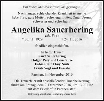 Traueranzeige von Angelika Sauerhering (geb. Prey)  von Magdeburger Volksstimme