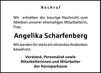 Traueranzeige von Angelika Scharfenberg  von Magdeburger Volksstimme