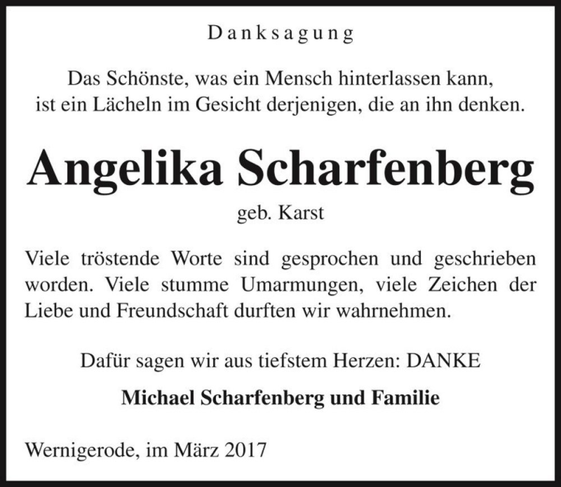  Traueranzeige für Angelika Scharfenberg (geb. Karst)  vom 27.03.2017 aus Magdeburger Volksstimme