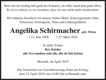 Traueranzeige von Angelika Schirmacher (geb. Mirau)  von Magdeburger Volksstimme
