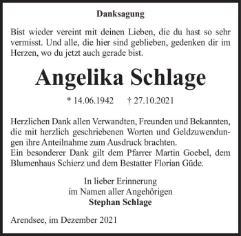 Traueranzeige von Angelika Schlage  von Magdeburger Volksstimme