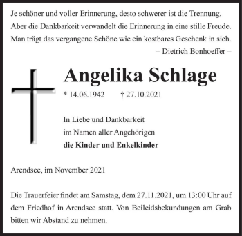 Traueranzeige von Angelika Schlage  von Magdeburger Volksstimme