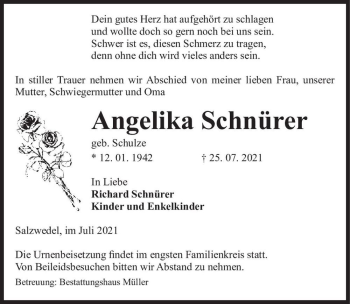 Traueranzeige von Angelika Schnürer (geb. Schulze)  von Magdeburger Volksstimme