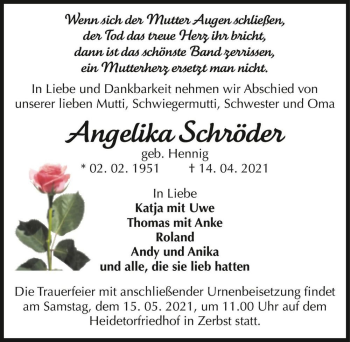 Traueranzeige von Angelika Schröder (geb. Hennig)  von Magdeburger Volksstimme