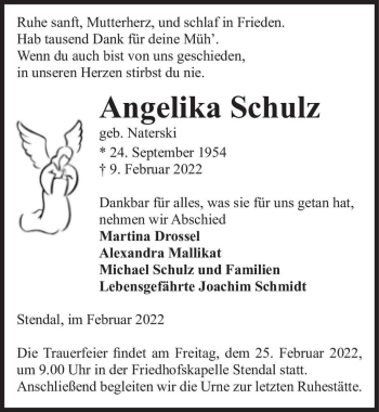 Traueranzeige von Angelika Schulz (geb. Naterski)  von Magdeburger Volksstimme