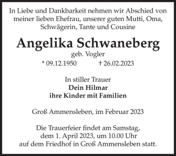 Traueranzeige von Angelika Schwaneberg (geb. Vogler)  von Magdeburger Volksstimme