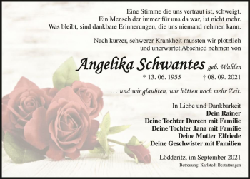 Traueranzeige von Angelika Schwantes (geb. Wahlen)  von Magdeburger Volksstimme