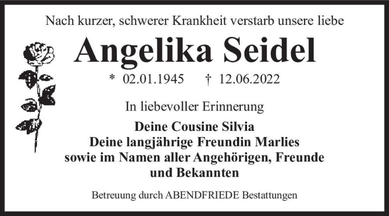  Traueranzeige für Angelika Seidel  vom 18.06.2022 aus Magdeburger Volksstimme
