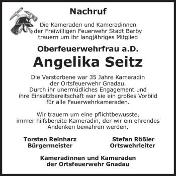 Traueranzeige von Angelika Seitz  von Magdeburger Volksstimme