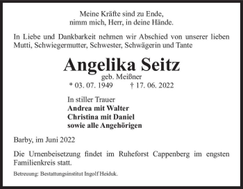 Traueranzeige von Angelika Seitz (geb. Meißner)  von Magdeburger Volksstimme