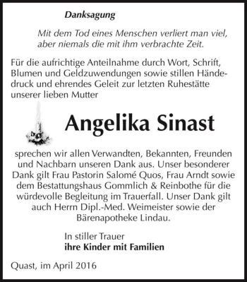 Traueranzeige von Angelika Sinast  von Magdeburger Volksstimme