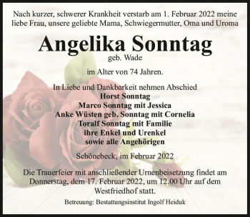 Traueranzeige von Angelika Sonntag (geb. Wade)  von Magdeburger Volksstimme