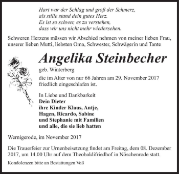 Traueranzeige von Angelika Steinbecher (geb. Winterberg)  von Magdeburger Volksstimme