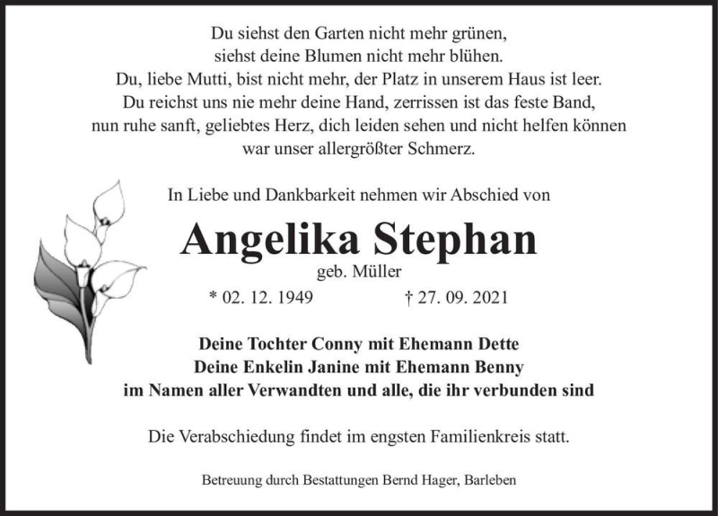  Traueranzeige für Angelika Stephan (geb. Müller)  vom 09.10.2021 aus Magdeburger Volksstimme