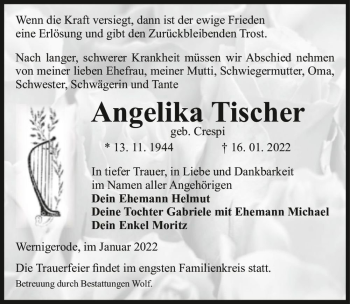 Traueranzeige von Angelika Tischer (geb. Crespi)  von Magdeburger Volksstimme