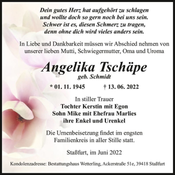 Traueranzeige von Angelika Tschäpe (geb. Schmidt)  von Magdeburger Volksstimme