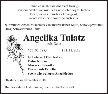 Traueranzeige von Angelika Tulatz (geb. Dette)  von Magdeburger Volksstimme