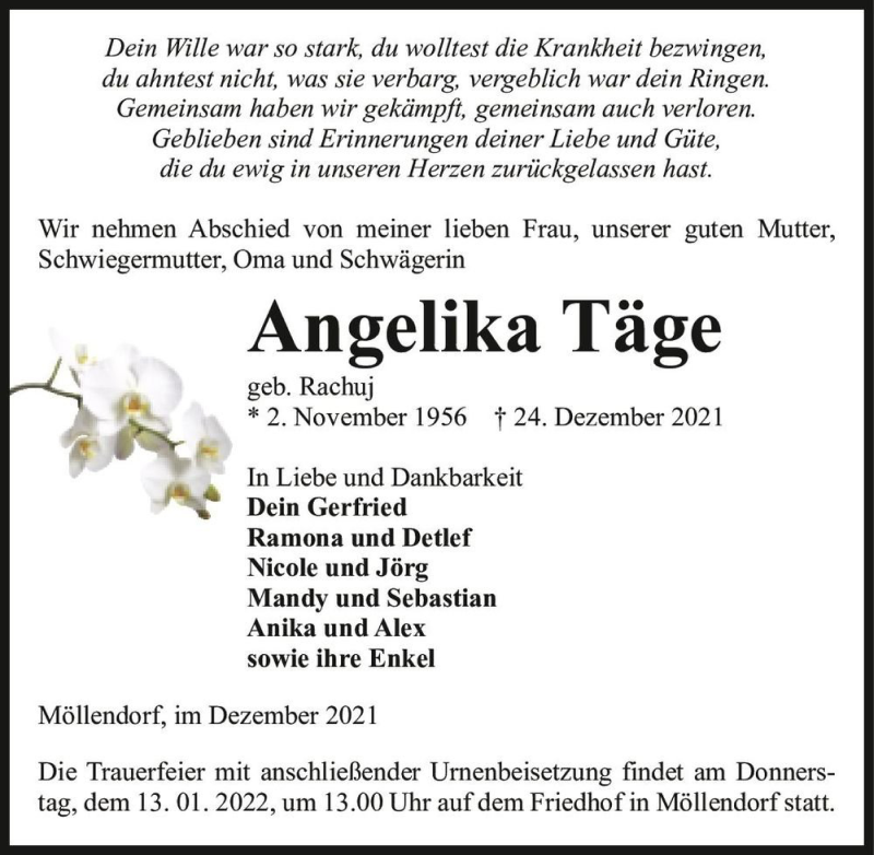  Traueranzeige für Angelika Täge (geb. Rachuj)  vom 04.01.2022 aus Magdeburger Volksstimme