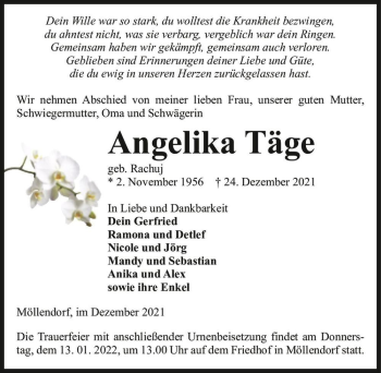 Traueranzeige von Angelika Täge (geb. Rachuj)  von Magdeburger Volksstimme