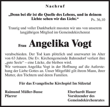 Traueranzeige von Angelika Vogt  von Magdeburger Volksstimme