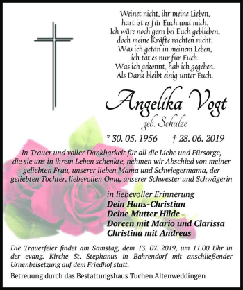Traueranzeige von Angelika Vogt (geb. Schulze)  von Magdeburger Volksstimme