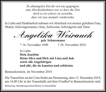 Traueranzeige von Angelika Weirauch (geb. Schneemann)  von Magdeburger Volksstimme