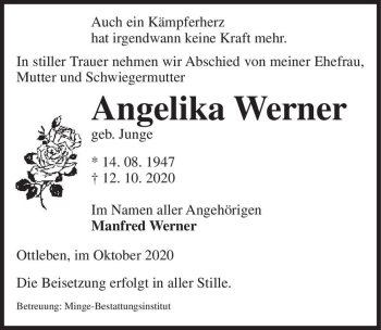 Traueranzeige von Angelika Werner (geb. Junge)  von Magdeburger Volksstimme
