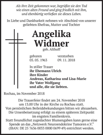 Traueranzeige von Angelika Widmer (geb. Althoff)  von Magdeburger Volksstimme