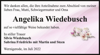 Traueranzeige von Angelika Wiedebusch  von Magdeburger Volksstimme