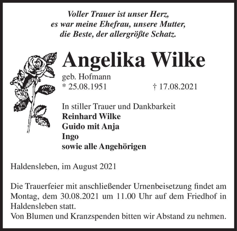  Traueranzeige für Angelika Wilke (geb. Hofmann)  vom 25.08.2021 aus Magdeburger Volksstimme