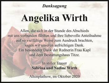 Traueranzeige von Angelika Wirth  von Magdeburger Volksstimme