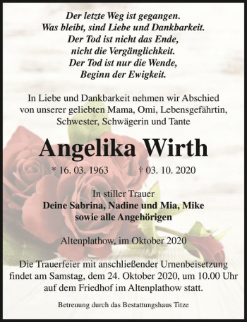 Traueranzeige von Angelika Wirth  von Magdeburger Volksstimme