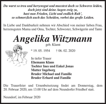 Traueranzeige von Angelika Witzmann (geb. Klamt)  von Magdeburger Volksstimme