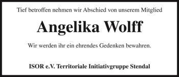 Traueranzeige von Angelika Wolff  von Magdeburger Volksstimme