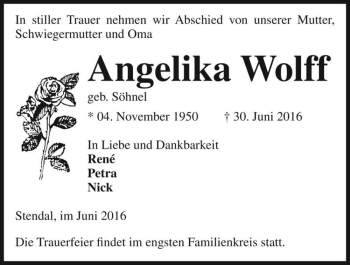 Traueranzeige von Angelika Wolff (geb. Söhnel)  von Magdeburger Volksstimme