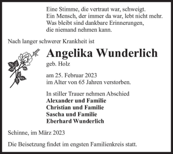 Traueranzeige von Angelika Wunderlich (geb. Holz)  von Magdeburger Volksstimme