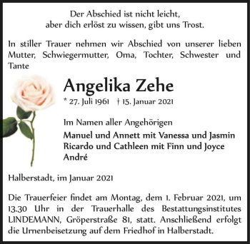 Traueranzeige von Angelika Zehe  von Magdeburger Volksstimme