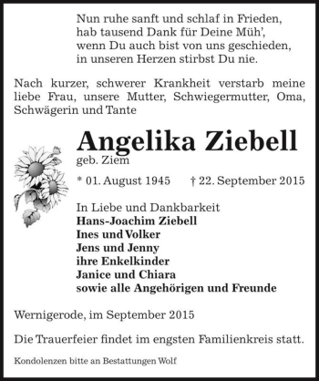 Traueranzeige von Angelika Ziebell (geb. Ziem)  von Magdeburger Volksstimme