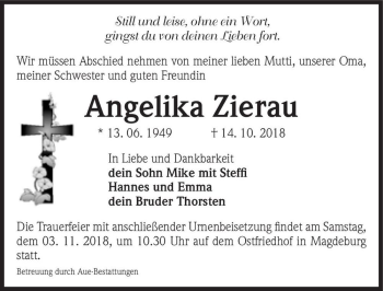 Traueranzeige von Angelika Zierau  von Magdeburger Volksstimme