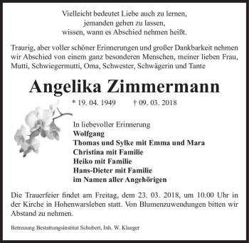 Traueranzeige von Angelika Zimmermann  von Magdeburger Volksstimme